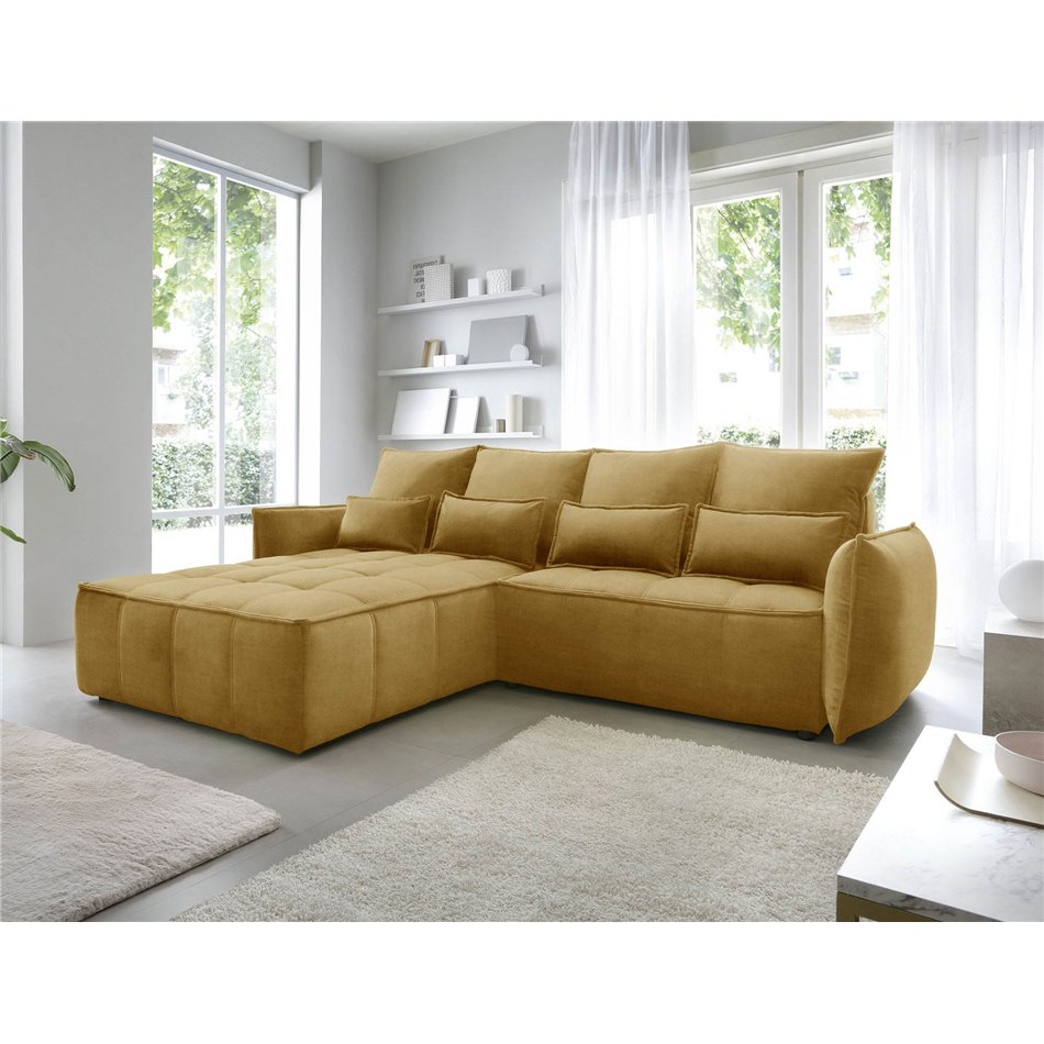 Corner sofa Elkampo L, sleeping function, Manhattan 45, velvet, yellow, H88x196x265cm