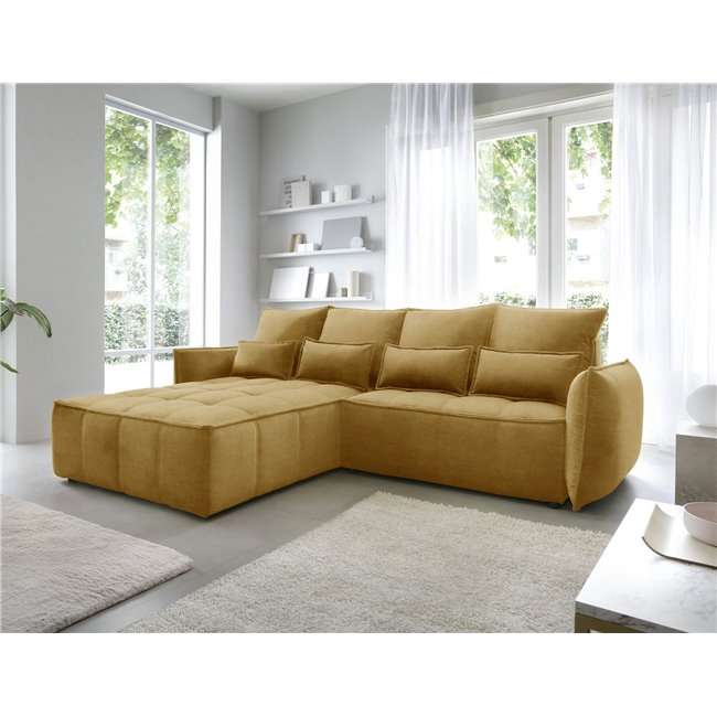 Corner sofa Elkampo L, sleeping function, Manhattan 45, velvet, yellow, H88x196x265cm