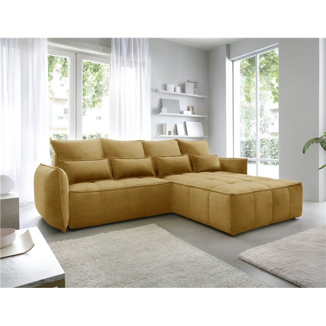 Corner sofa Elkampo R, sleeping function, Manhattan 45, velvet, yellow, H88x196x265cm