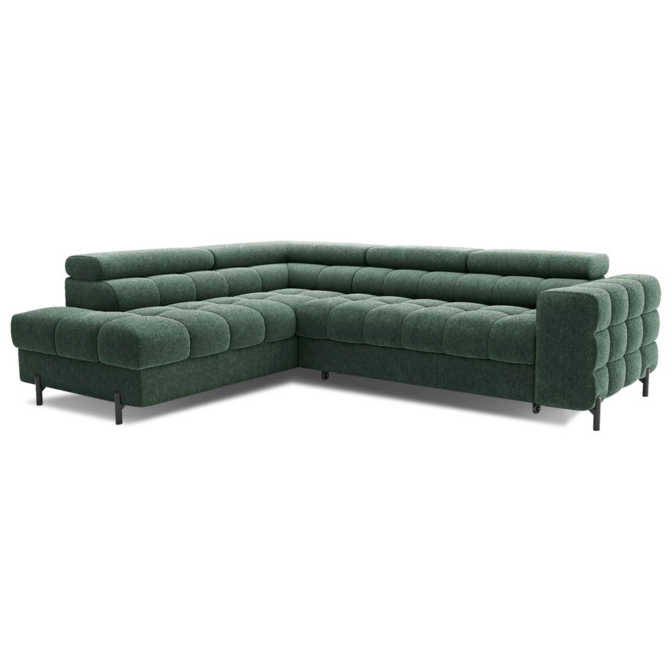 Corner sofa Elferucce L, sleeping function, Amore 35, bouclé, dark green, H93x200x276cm
