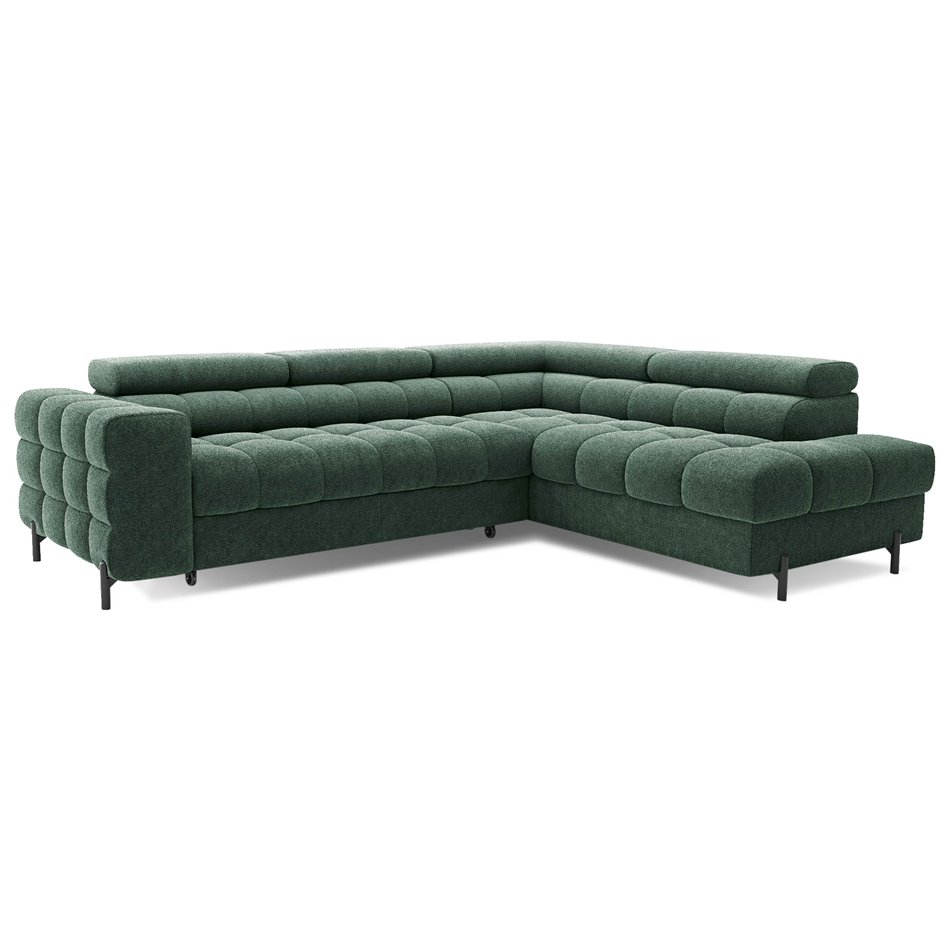 Corner sofa Elferucce R, sleeping function, Amore 35, bouclé, dark green, H93x200x276cm