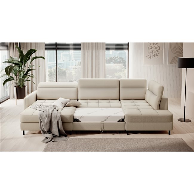 U shape sofa Elberto L, sleeping function, Manhattan 18, velvet, beige, H100x165x306cm