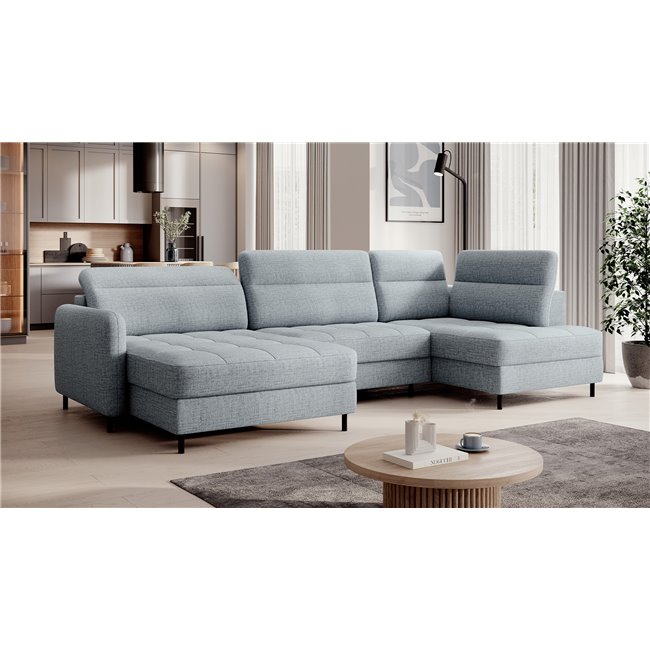 U shape sofa Elberto L, sleeping function, Aubron 100, wavy velvet, blue, H100x165x306cm