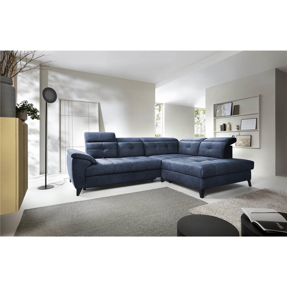 Corner sofa Elinferne R, sleeping function, Aura 40, velvet, dark blue, H107x210x297cm