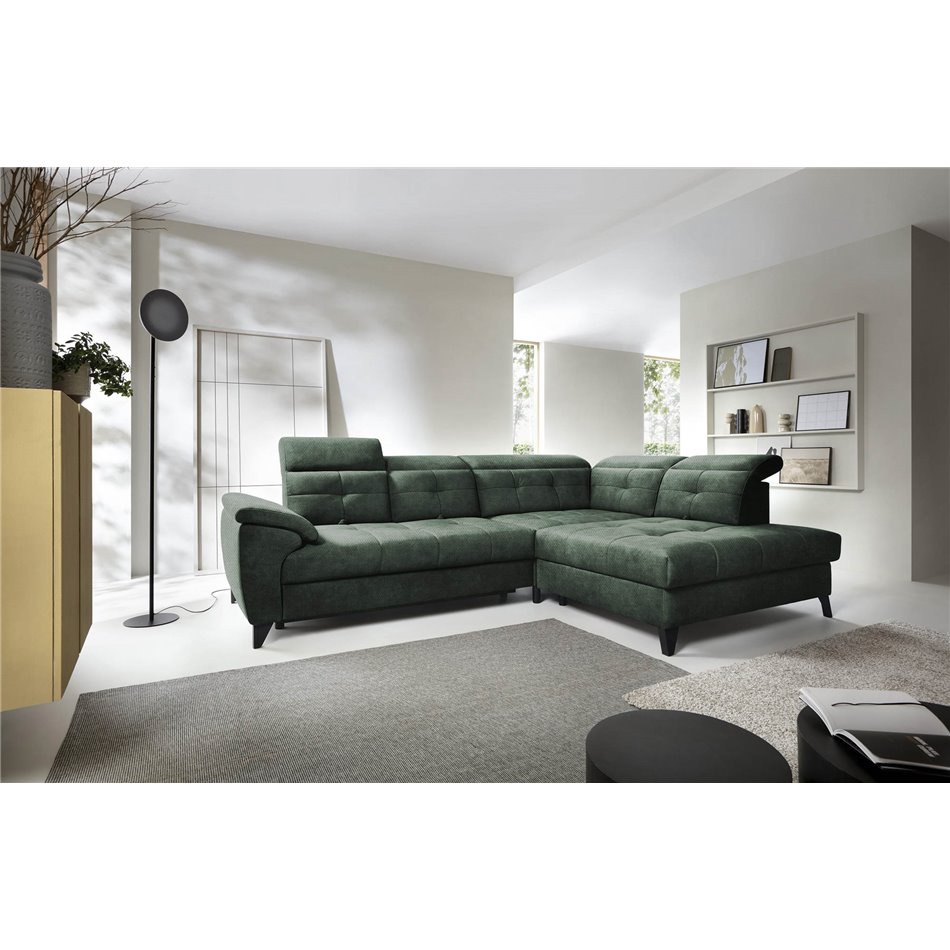 Corner sofa Elinferne R, sleeping function, Raquel 35, dark green, H107x210x297cm