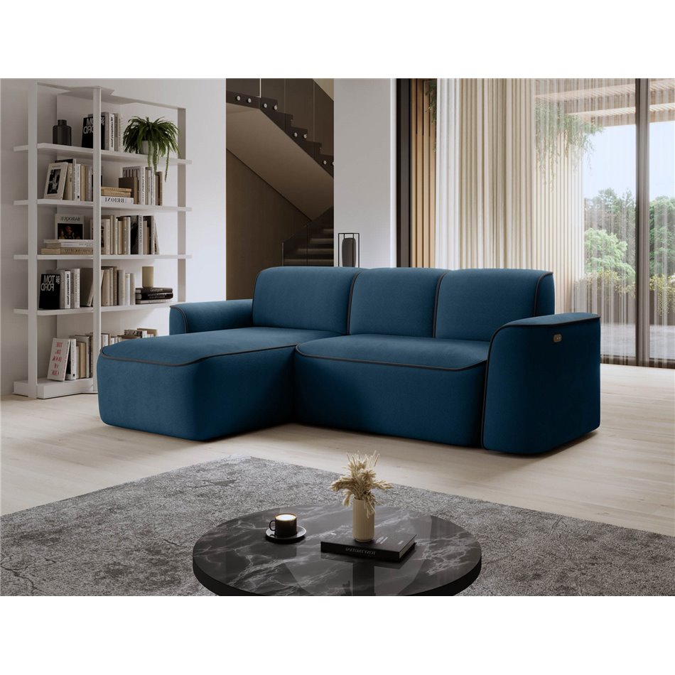 Corner sofa Elume L, sleeping function, Amore 40, Velvetmat 6, bouclé, blue, H88x190x287cm