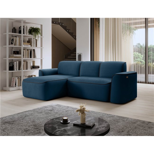 Corner sofa Elume L, sleeping function, Amore 40, Velvetmat 6, bouclé, blue, H88x190x287cm