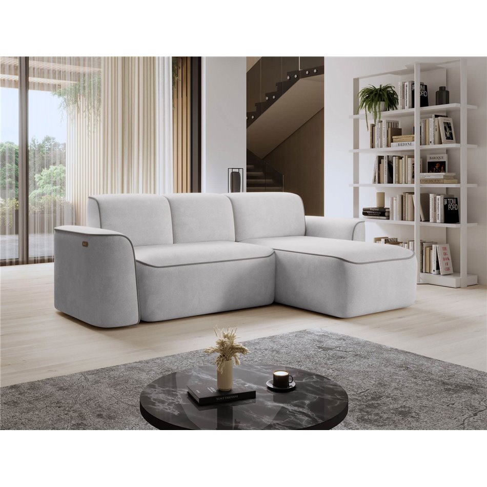 Угловой диван Elume R, с механизмом раскладыванием, Amore 03, Paros 05, букле, серый, H88x190x287см