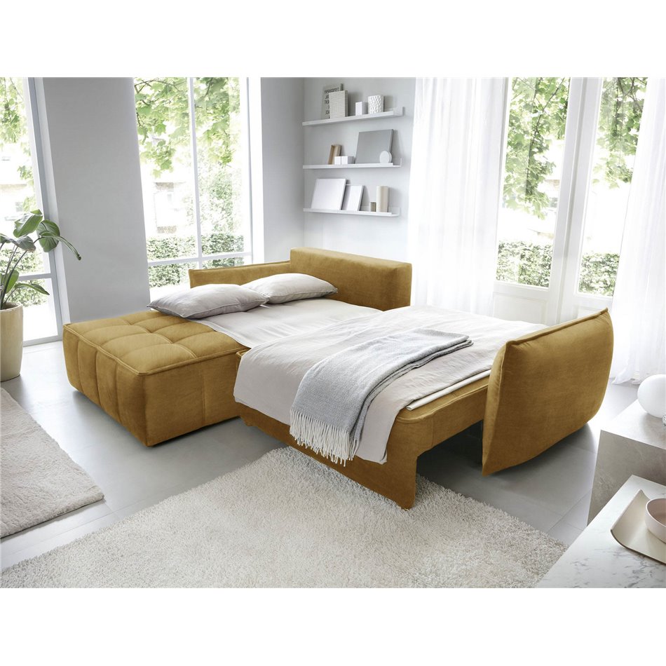 Corner sofa Elkampo L, sleeping function, Manhattan 45, velvet, yellow, H88x196x265cm