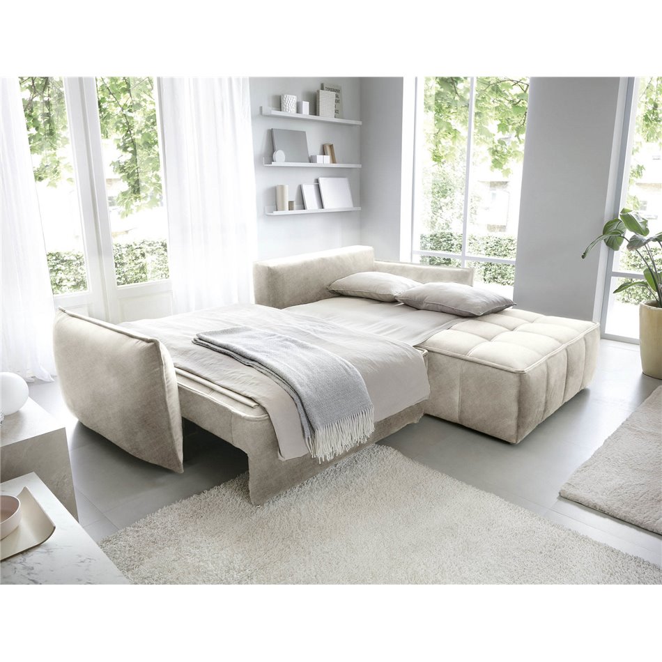 Corner sofa Elkampo R, sleeping function, Manhattan 18, velvet, beige, H88x196x265cm