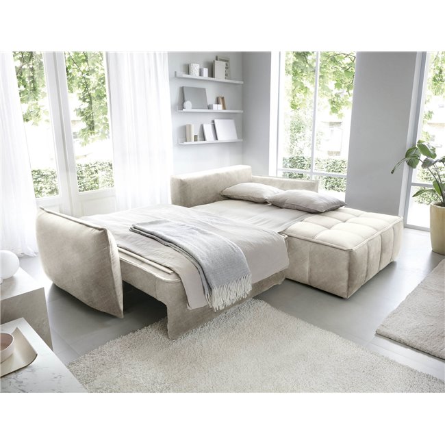 Corner sofa Elkampo R, sleeping function, Manhattan 18, velvet, beige, H88x196x265cm