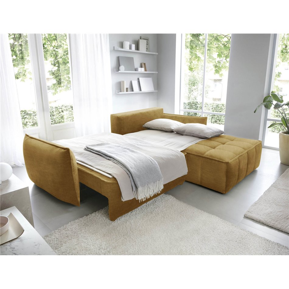 Corner sofa Elkampo R, sleeping function, Manhattan 45, velvet, yellow, H88x196x265cm
