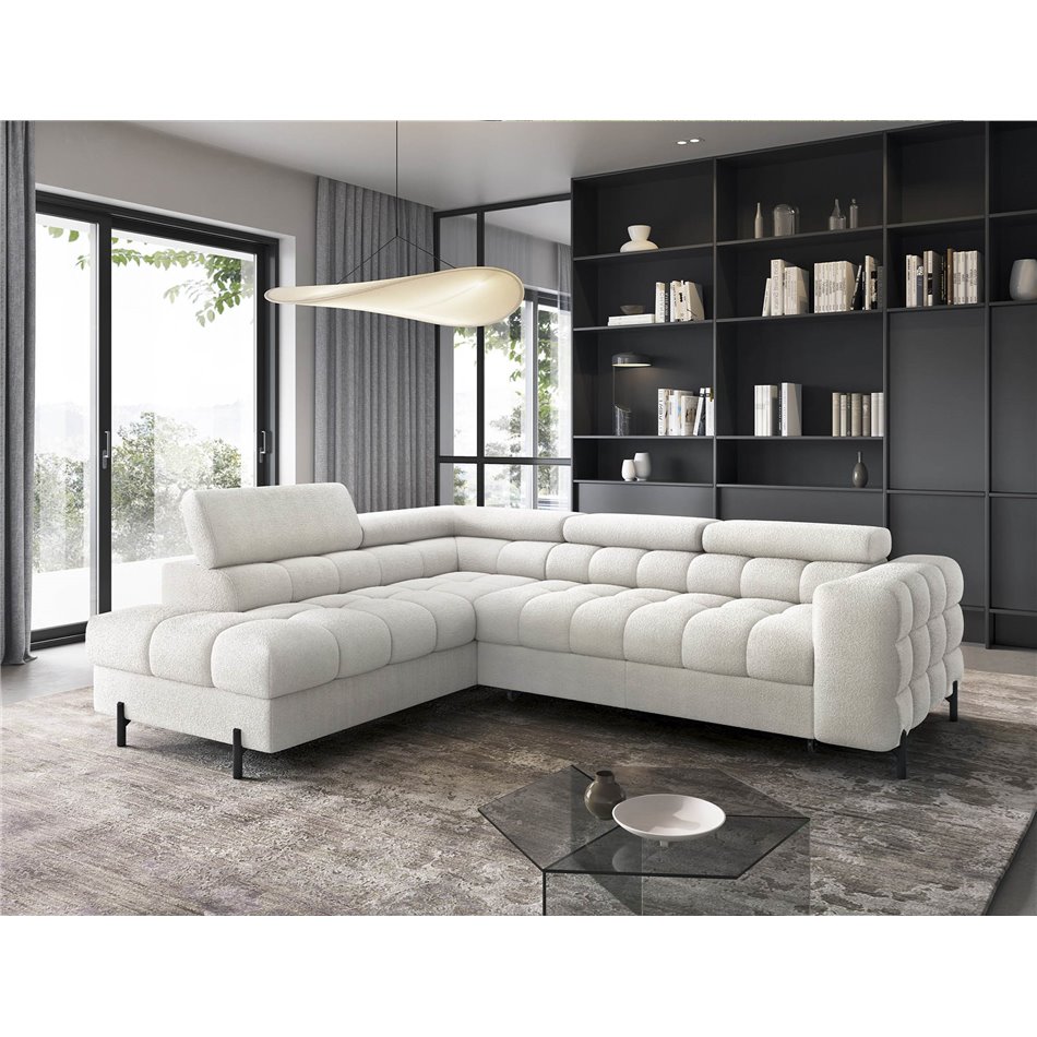 Corner sofa Elferucce L, sleeping function, Amore 01, bouclé, white, H93x200x276cm