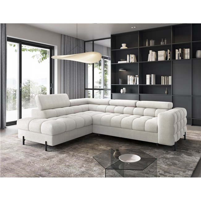 Corner sofa Elferucce L, sleeping function, Amore 01, bouclé, white, H93x200x276cm