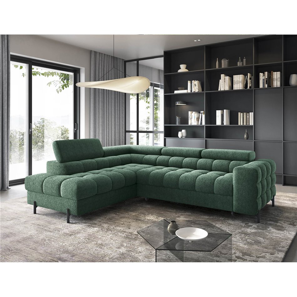 Corner sofa Elferucce L, sleeping function, Amore 35, bouclé, dark green, H93x200x276cm