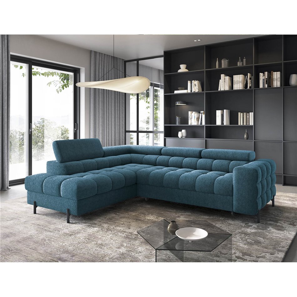 Corner sofa Elferucce L, sleeping function, Amore 40, bouclé, dark blue, H93x200x276cm