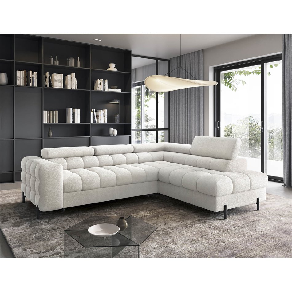 Corner sofa Elferucce R, sleeping function, Amore 01, bouclé, white, H93x200x276cm