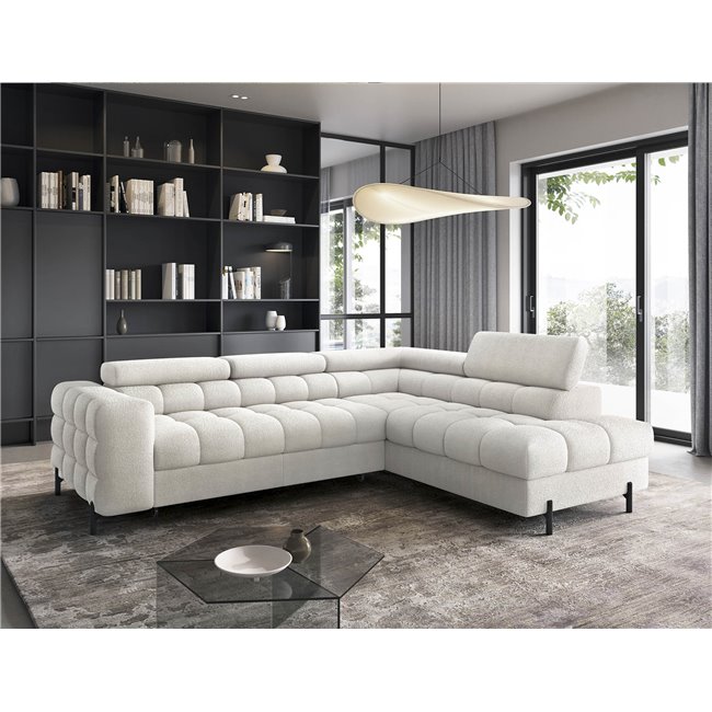 Corner sofa Elferucce R, sleeping function, Amore 01, bouclé, white, H93x200x276cm