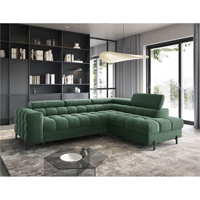 Corner sofa Elferucce R, sleeping function, Amore 35, bouclé, dark green, H93x200x276cm
