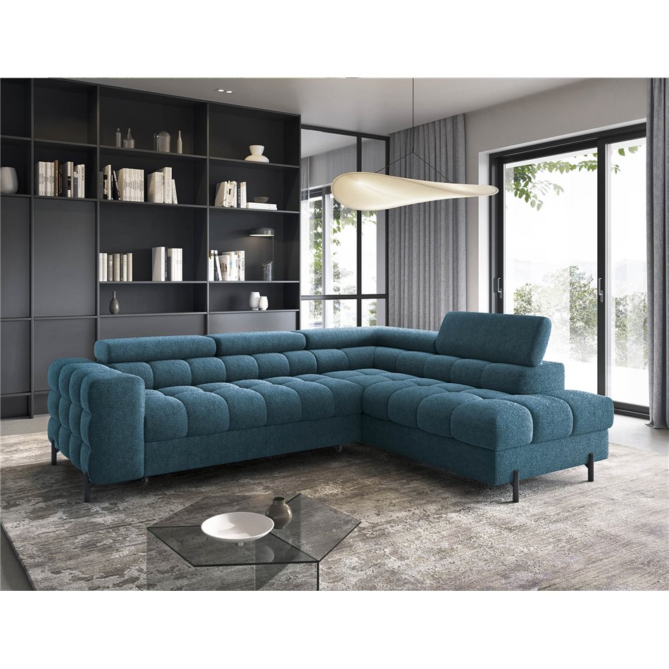 Corner sofa Elferucce R, sleeping function, Amore 40, bouclé, dark blue, H93x200x276cm