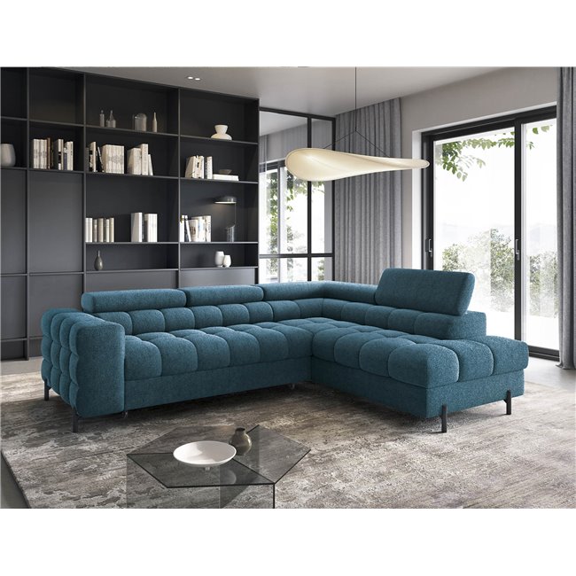 Corner sofa Elferucce R, sleeping function, Amore 40, bouclé, dark blue, H93x200x276cm
