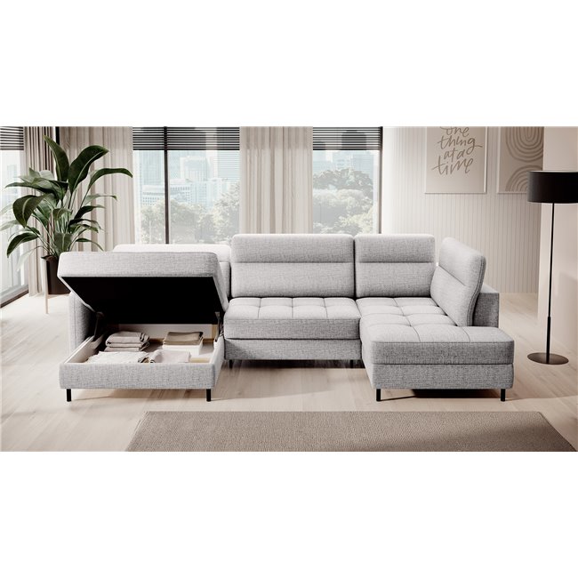 U shape sofa Elberto L, sleeping function, Aubron 03, wavy velvet, grey, H100x165x306cm
