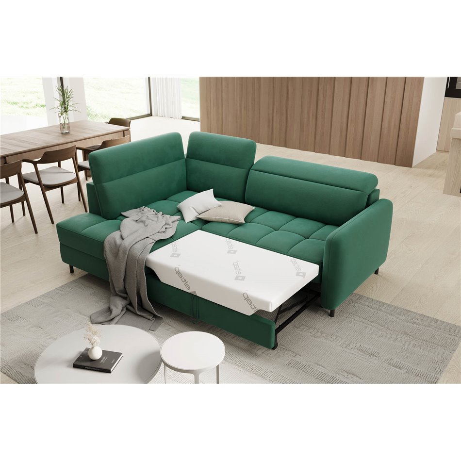 Corner sofa Elbare L, sleeping function, Lukso 35, velvet, dark green, H100x160x208cm