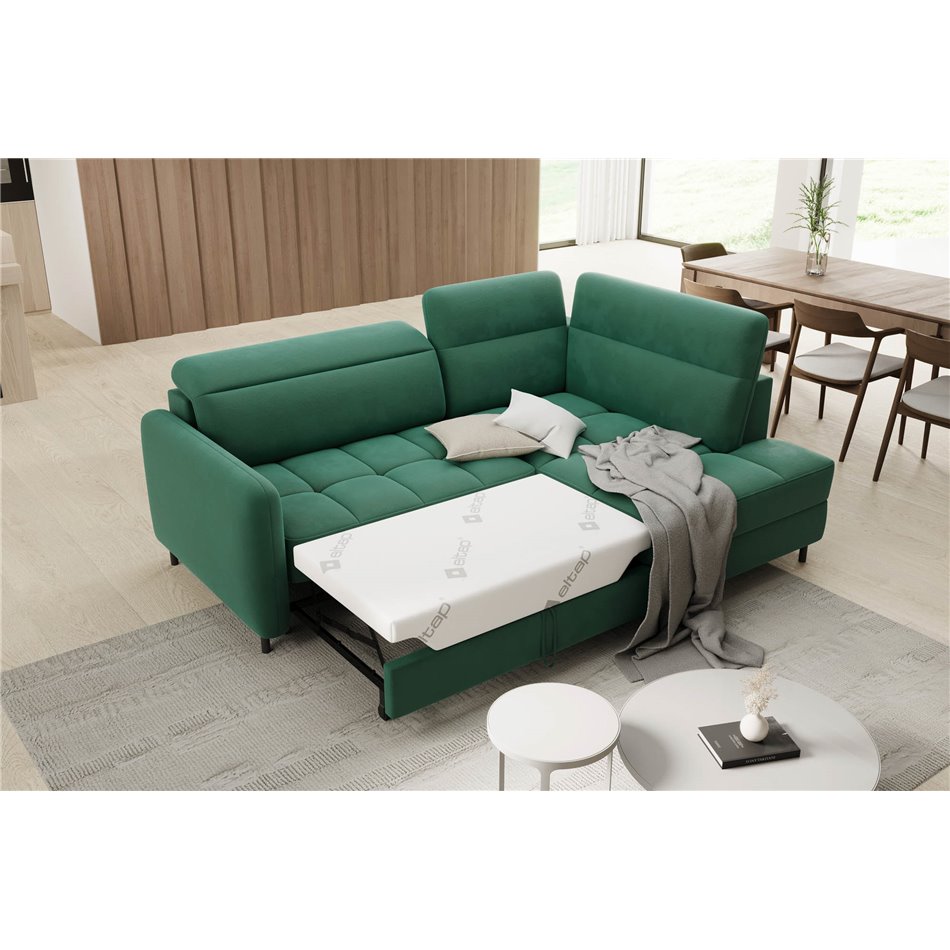 Corner sofa Elbare R, sleeping function, Lukso 35, velvet, dark green, H100x160x208cm