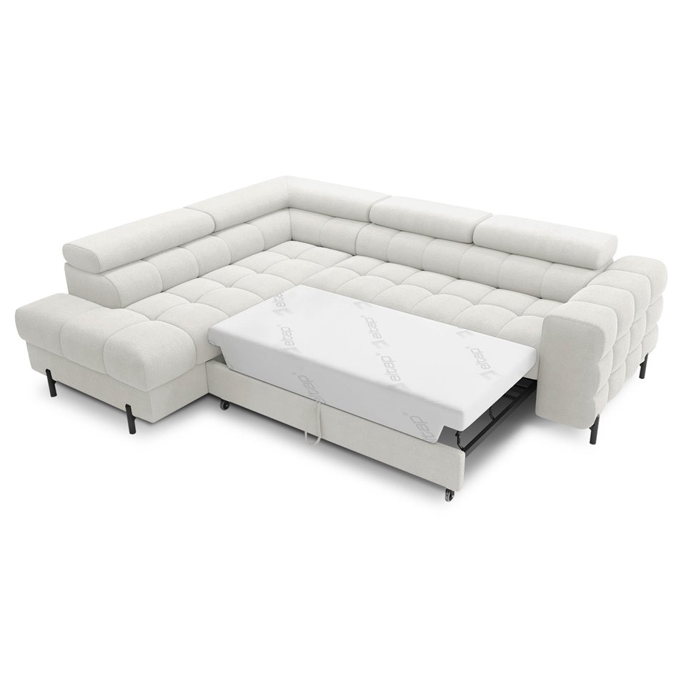 Corner sofa Elferucce L, sleeping function, Amore 01, bouclé, white, H93x200x276cm