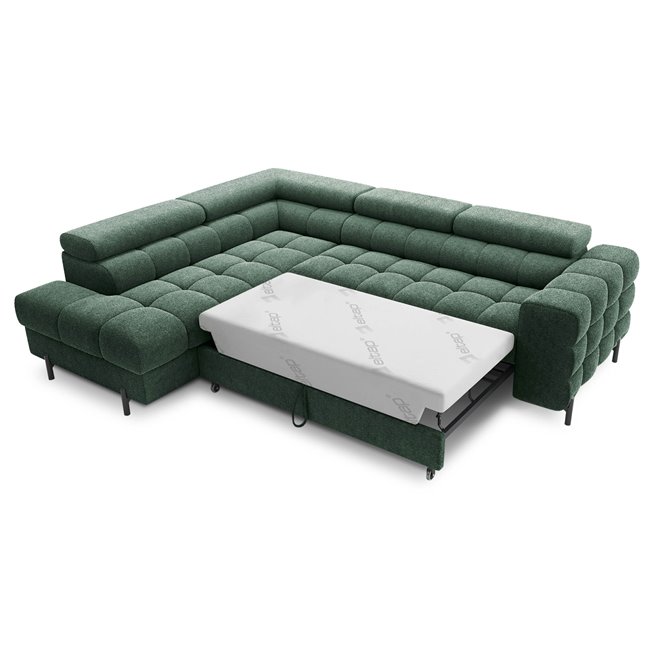 Corner sofa Elferucce L, sleeping function, Amore 35, bouclé, dark green, H93x200x276cm