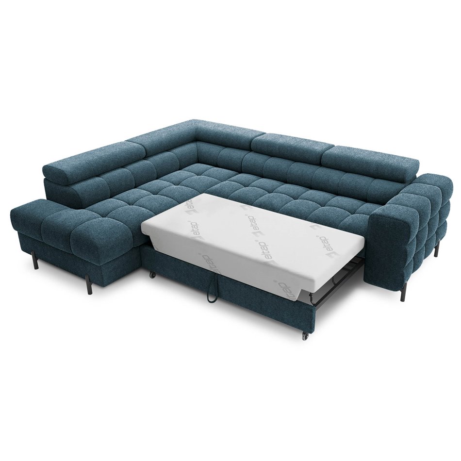 Corner sofa Elferucce L, sleeping function, Amore 40, bouclé, dark blue, H93x200x276cm