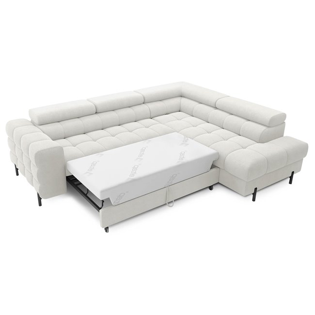 Corner sofa Elferucce R, sleeping function, Amore 01, bouclé, white, H93x200x276cm