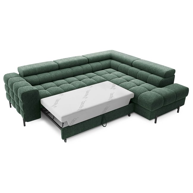 Corner sofa Elferucce R, sleeping function, Amore 35, bouclé, dark green, H93x200x276cm