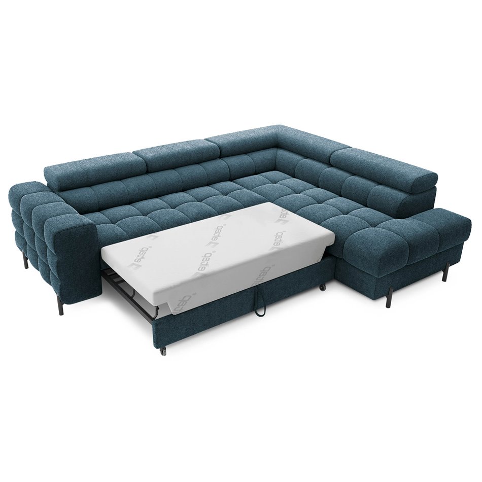 Corner sofa Elferucce R, sleeping function, Amore 40, bouclé, dark blue, H93x200x276cm
