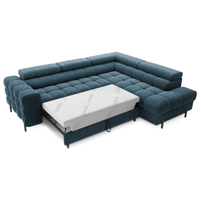 Corner sofa Elferucce R, sleeping function, Amore 40, bouclé, dark blue, H93x200x276cm