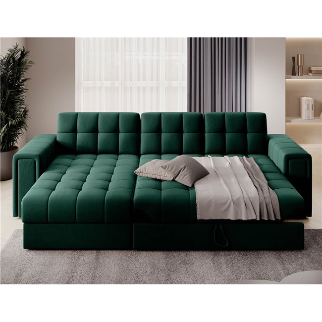 Угловой диван Elveni L/R Reversible, раздвижной, Lukso 35, бархат, зеленый, H82x150x260см