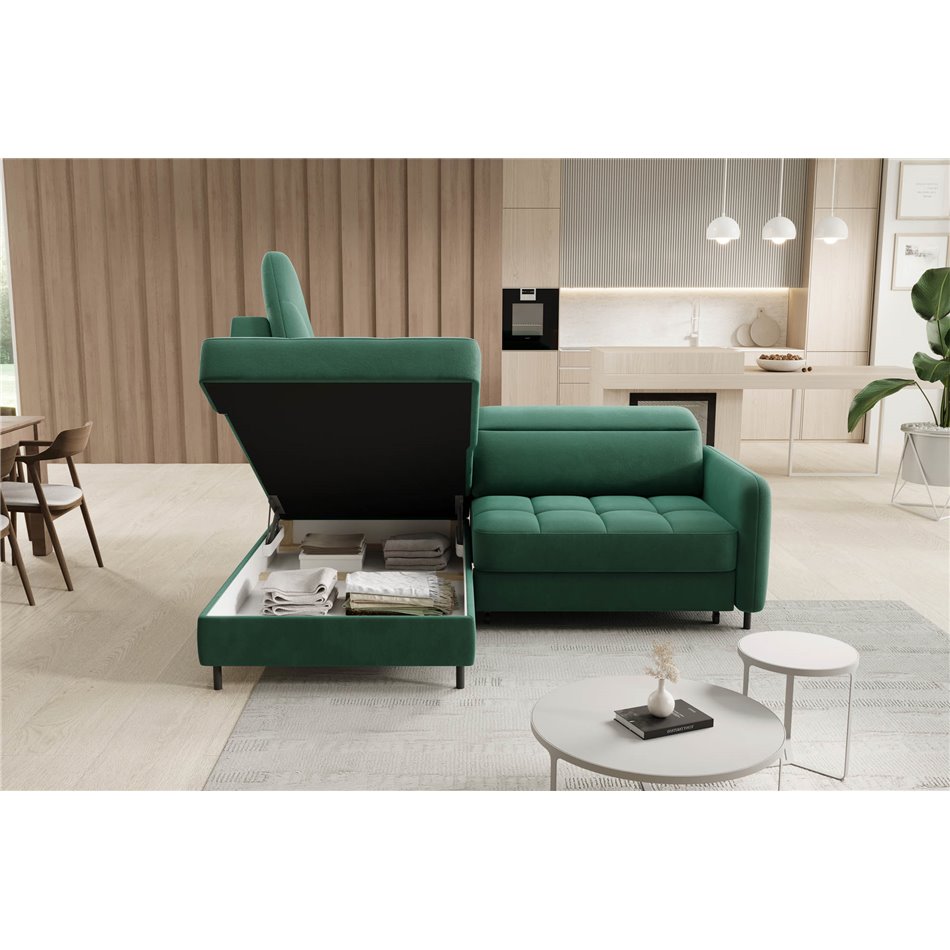 Corner sofa Elbare L, sleeping function, Lukso 35, velvet, dark green, H100x160x208cm