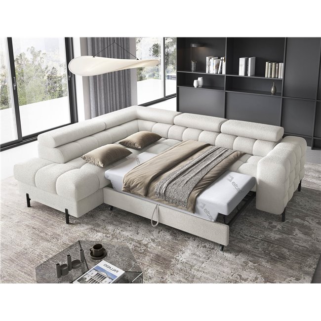 Corner sofa Elferucce L, sleeping function, Amore 01, bouclé, white, H93x200x276cm