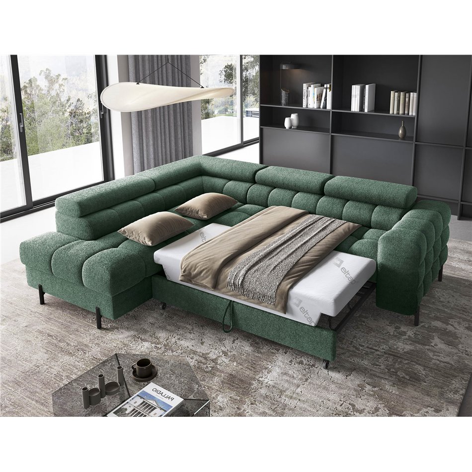 Corner sofa Elferucce L, sleeping function, Amore 35, bouclé, dark green, H93x200x276cm