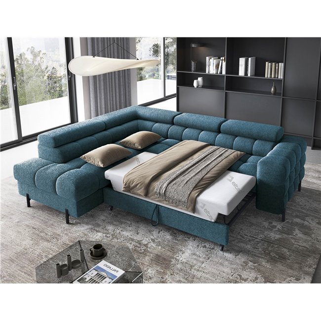 Corner sofa Elferucce L, sleeping function, Amore 40, bouclé, dark blue, H93x200x276cm