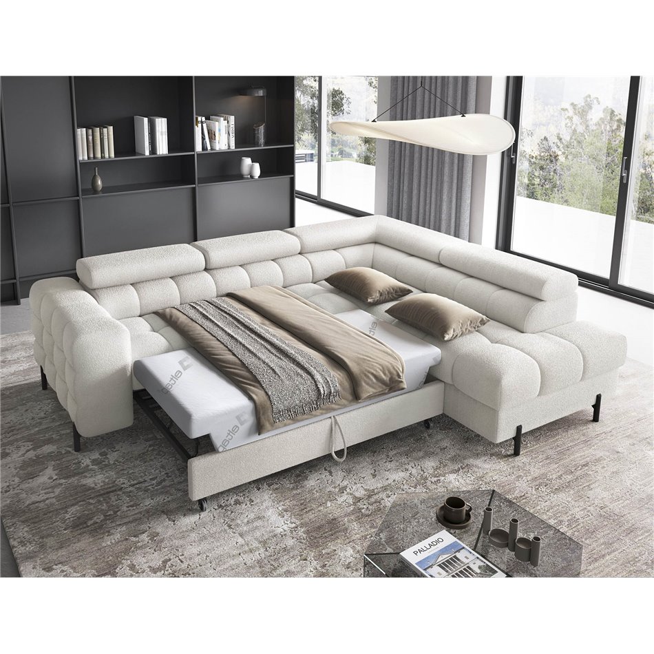 Corner sofa Elferucce R, sleeping function, Amore 01, bouclé, white, H93x200x276cm