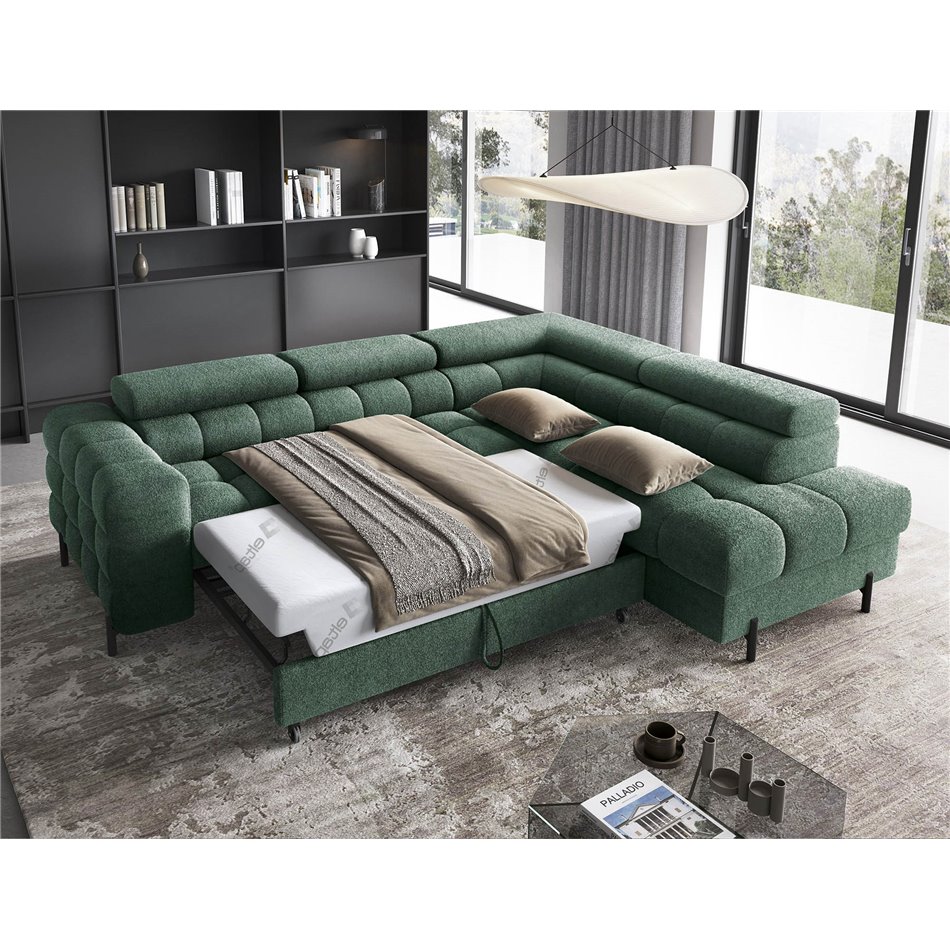 Corner sofa Elferucce R, sleeping function, Amore 35, bouclé, dark green, H93x200x276cm