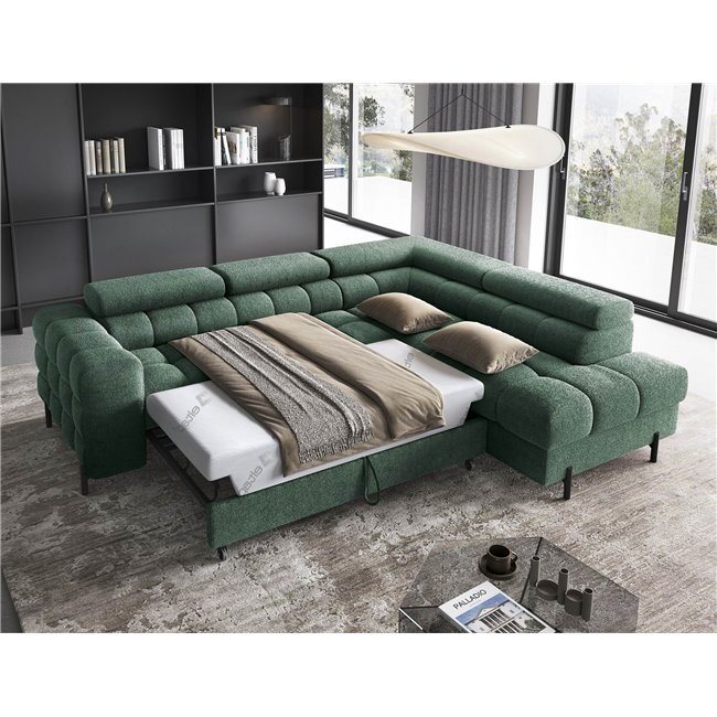 Corner sofa Elferucce R, sleeping function, Amore 35, bouclé, dark green, H93x200x276cm