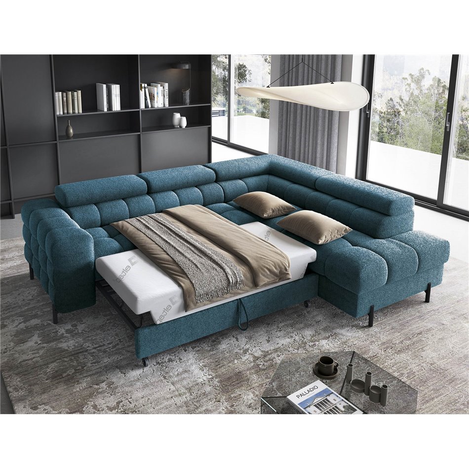 Corner sofa Elferucce R, sleeping function, Amore 40, bouclé, dark blue, H93x200x276cm