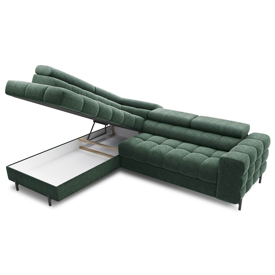 Corner sofa Elferucce L, sleeping function, Amore 35, bouclé, dark green, H93x200x276cm