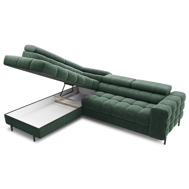 Corner sofa Elferucce L, sleeping function, Amore 35, bouclé, dark green, H93x200x276cm