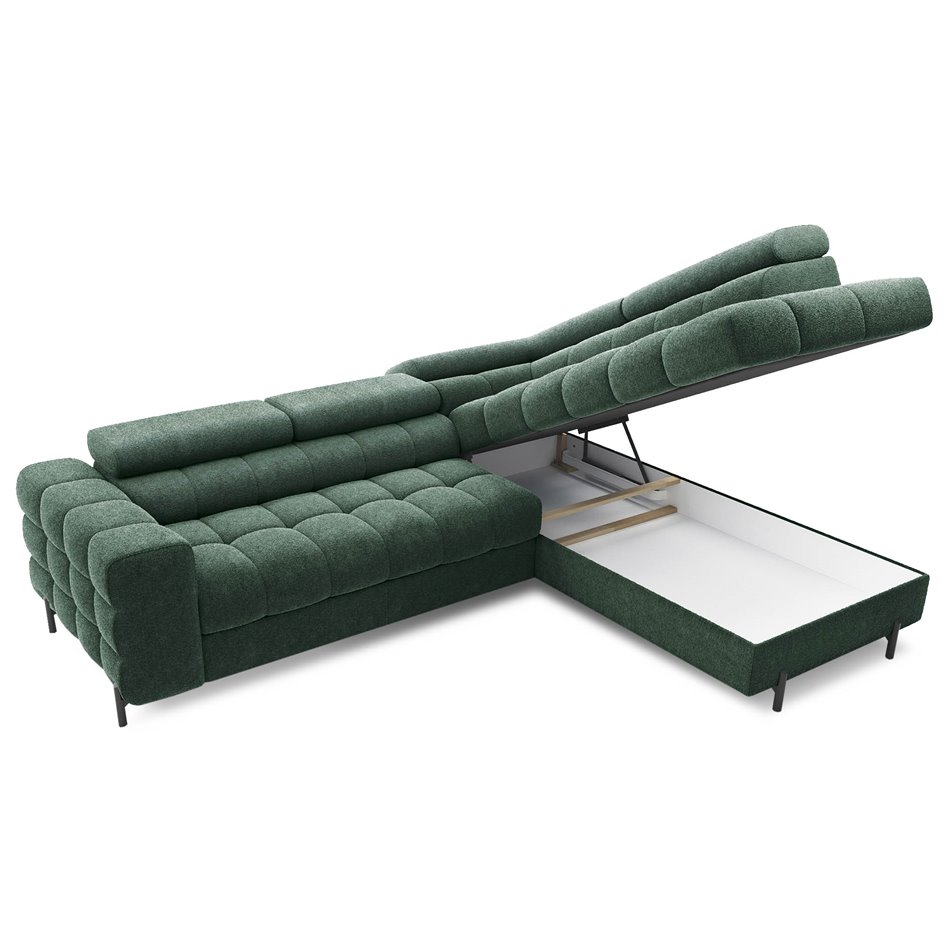 Corner sofa Elferucce R, sleeping function, Amore 35, bouclé, dark green, H93x200x276cm