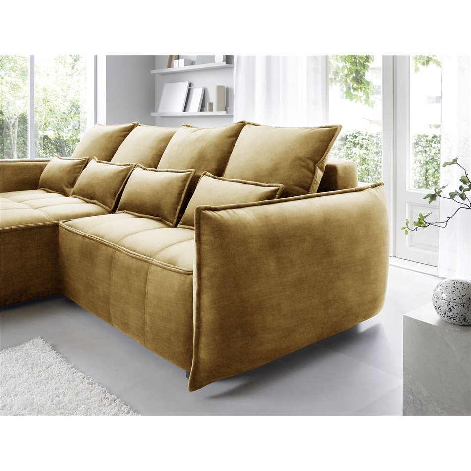 Corner sofa Elkampo L, sleeping function, Manhattan 45, velvet, yellow, H88x196x265cm