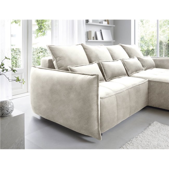 Corner sofa Elkampo R, sleeping function, Manhattan 18, velvet, beige, H88x196x265cm