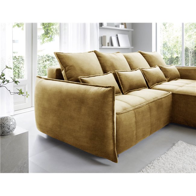 Corner sofa Elkampo R, sleeping function, Manhattan 45, velvet, yellow, H88x196x265cm